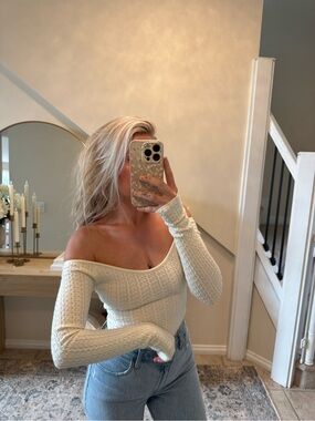 Windsor Off-Shoulder Cable Knit Sweater bodysuit in Cream